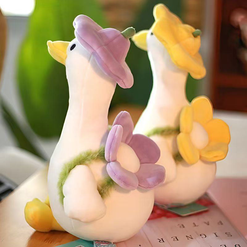 Flower Hat Goose Plush Toy, 30 cm White Goose with Lavender or Yellow Blooms for Cozy Bedrooms and Whimsical Gifts