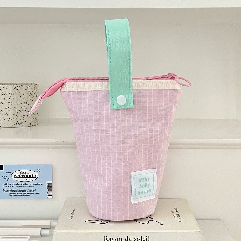 Pastel Stand-Up Canvas Pencil Case and Desk Pen Holder, Zippered Stationery Pouch for Students and Creative Workspaces