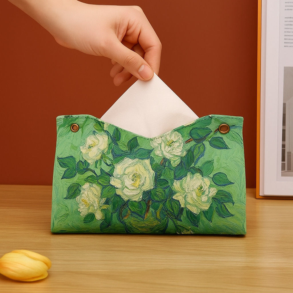 Gallery-Inspired Tissue Box Cover Set of 7, Art-Print Tissue Sleeves with Night Sky, Floral, Portrait and Botanical Designs for Living Rooms and Desks