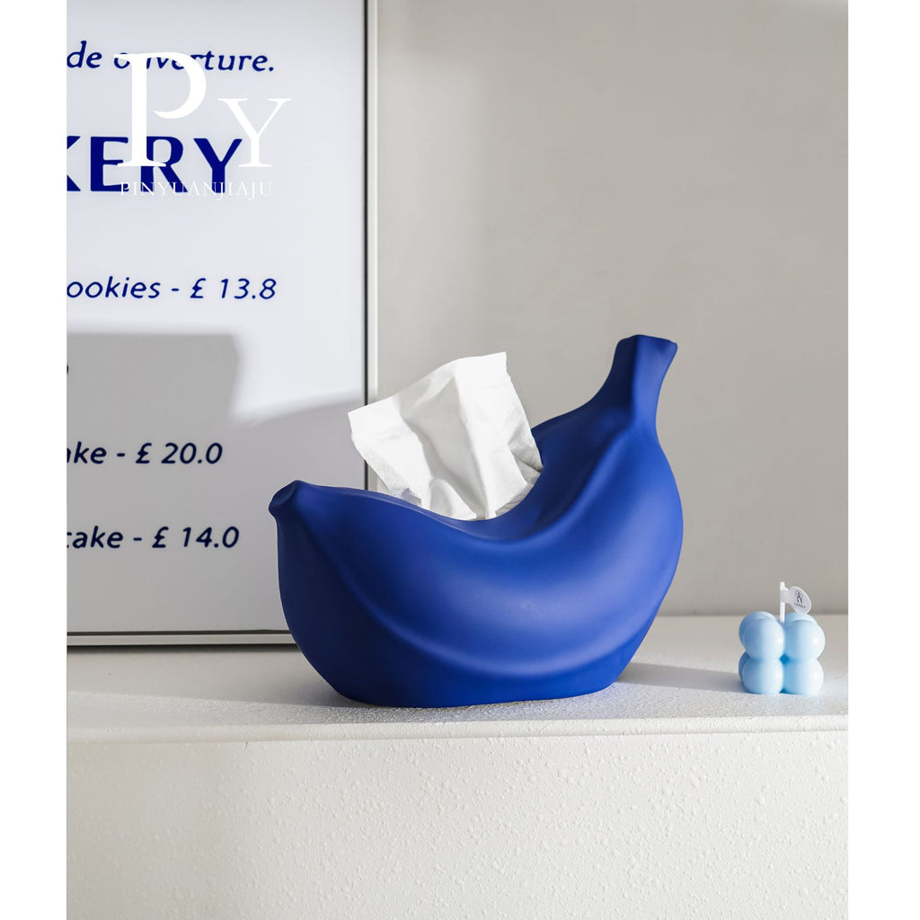 Playful Banana Tissue Box Cover, Sculptural Fruit-Shaped Tissue Holder in Original Yellow, Glossy Yellow or Blue for Modern Tables