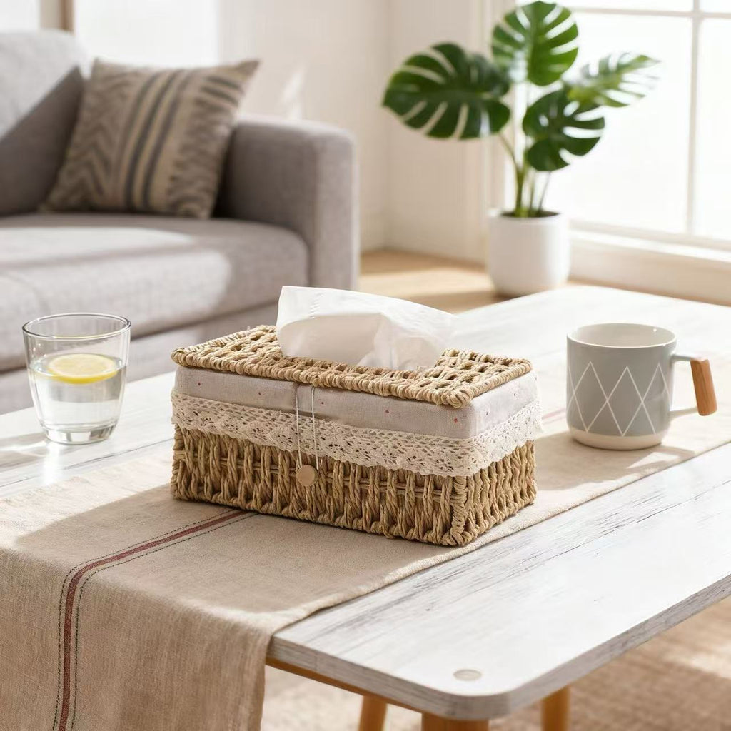 Woven Tissue Box Cover in Natural or Chestnut, Beaded and Button Styles in Medium or Large for Cozy Living Rooms and Desks