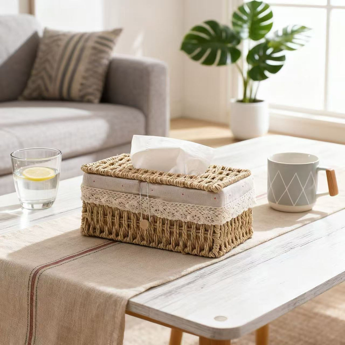 Woven Tissue Box Cover in Natural or Chestnut, Beaded and Button Styles in Medium or Large for Cozy Living Rooms and Desks