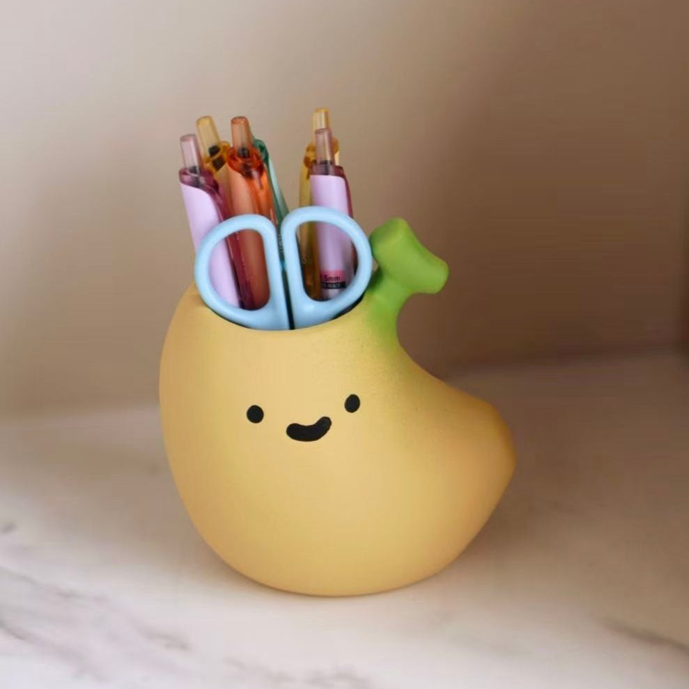 Smiling Banana Ceramic Pen Holder, Playful Desktop Pencil Cup and Makeup Brush Organizer for Home Office Decor