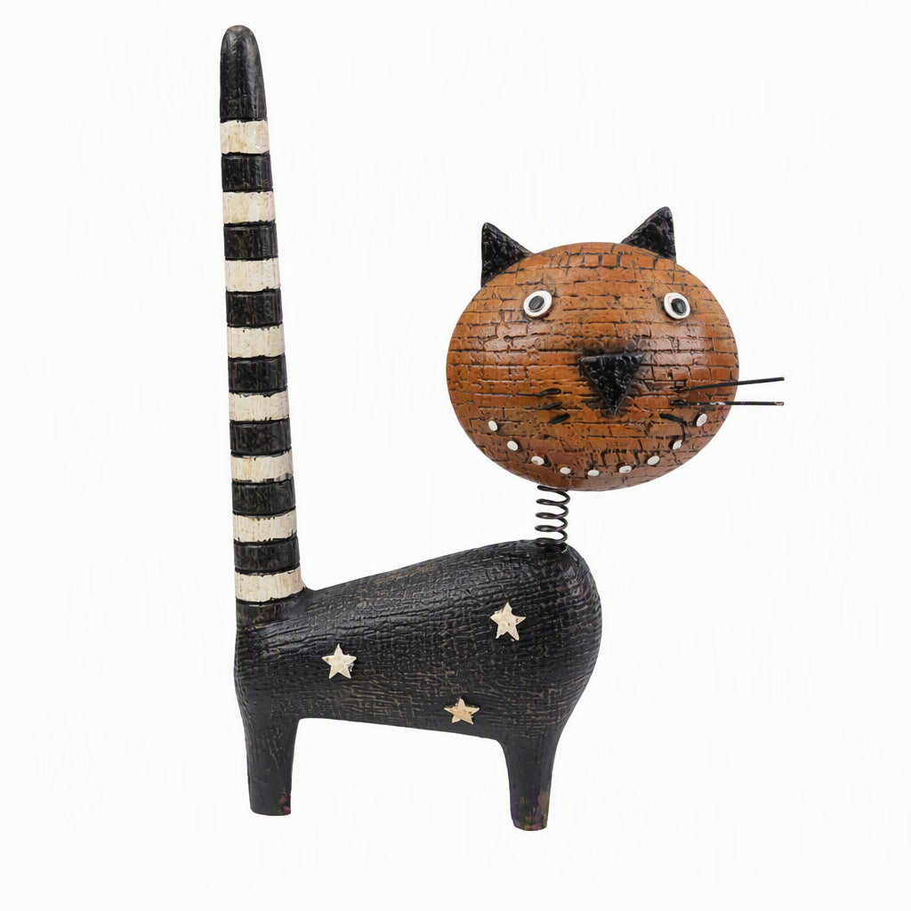 Whimsical Bobblehead Cat Figurine, Rustic Wood-Look Desktop Accent for Shelves, Coffee Tables and Thoughtful Gifts