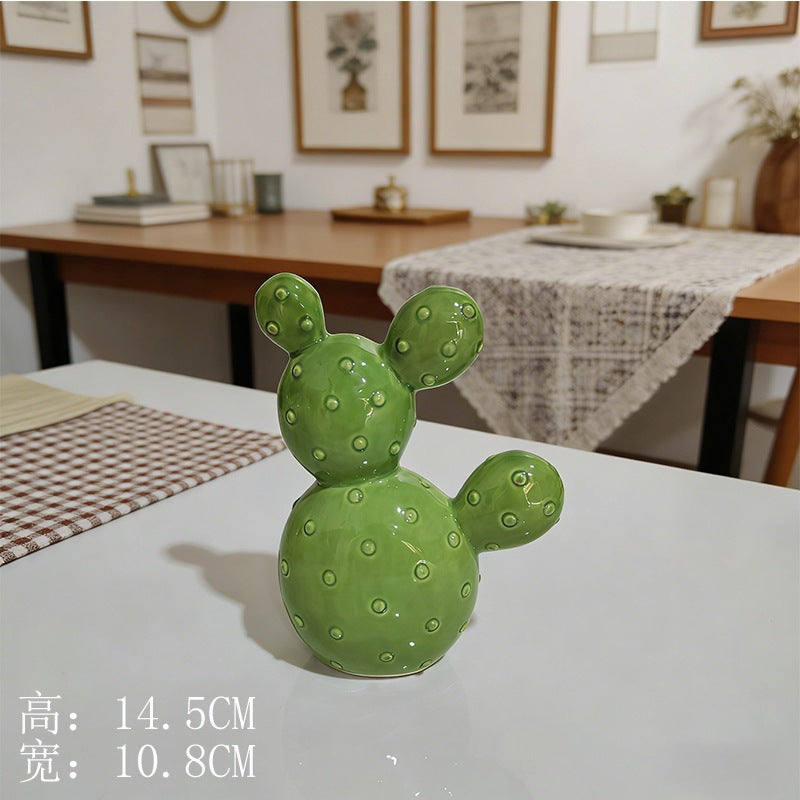 Ceramic Cactus Figurine, Sculptural Green Tabletop Ornament in Three Sizes for Desks, Shelves and Cozy Home Decor