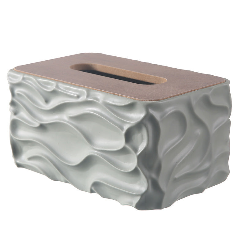 Decorative Tissue Box Cover with Wood-Look Lid, Quilted, Wave, Floral or Rounded Styles in Beige, White, Olive Green and Gray