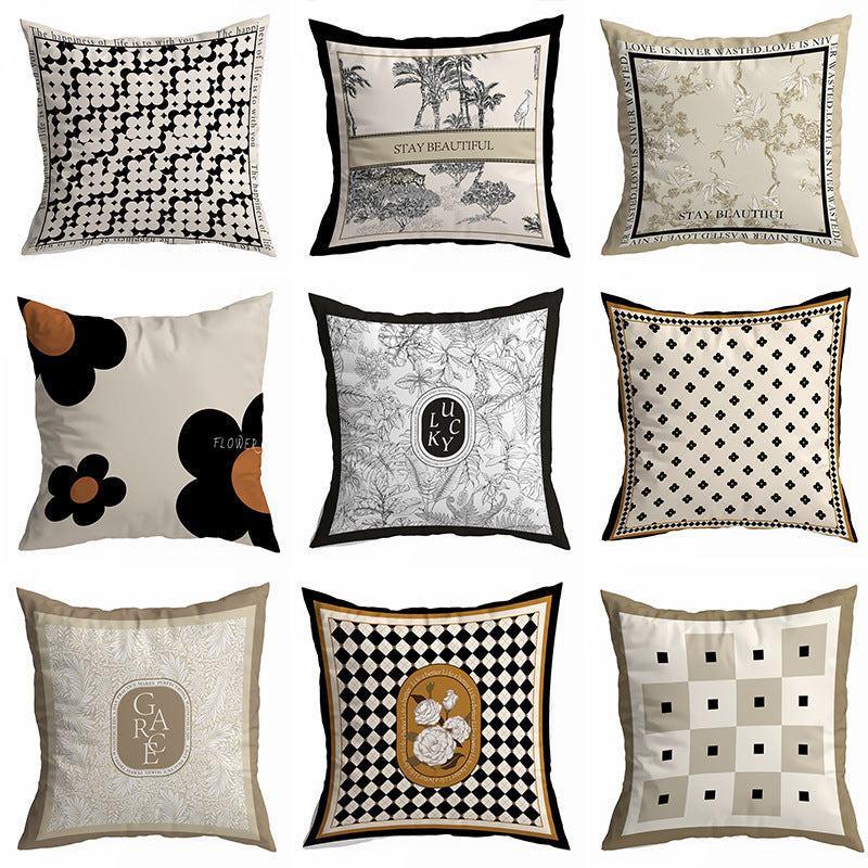 Black and Cream Decorative Pillow Cover, Retro Floral and Geometric Prints, 45 x 45 cm Sofa Cushion Cover