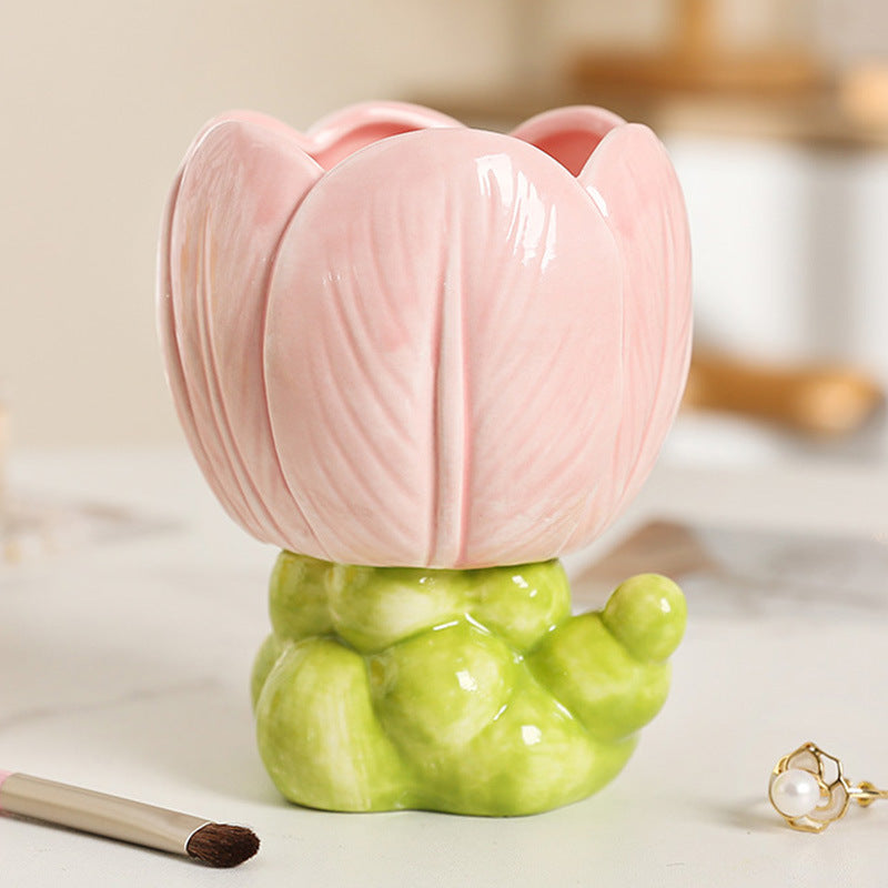 Ceramic Tulip and Flower Pen Holder, Pink or Yellow Floral Desk Cup for Brushes, Pens and Cheerful Workspaces