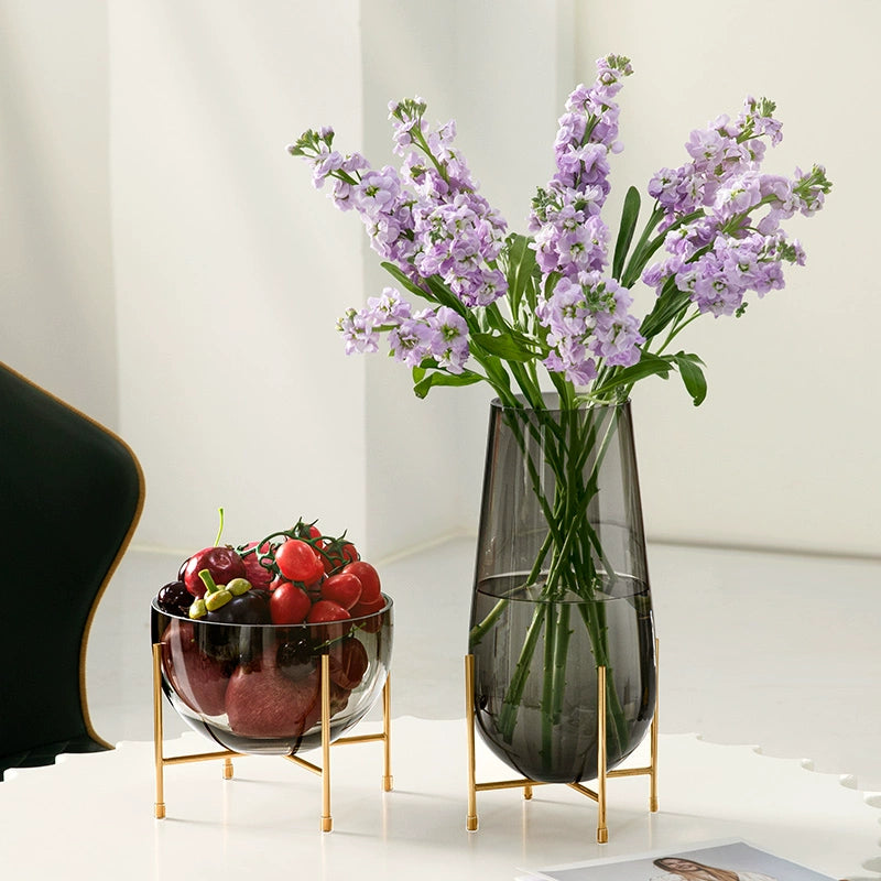 Artisan Blown Glass Vase & Fruit Bowl Set with Gold - Plated Metal Stand, Water - Friendly, Odorless, Stain & Fade Resistant, Decor for Living Room & Dining Table,