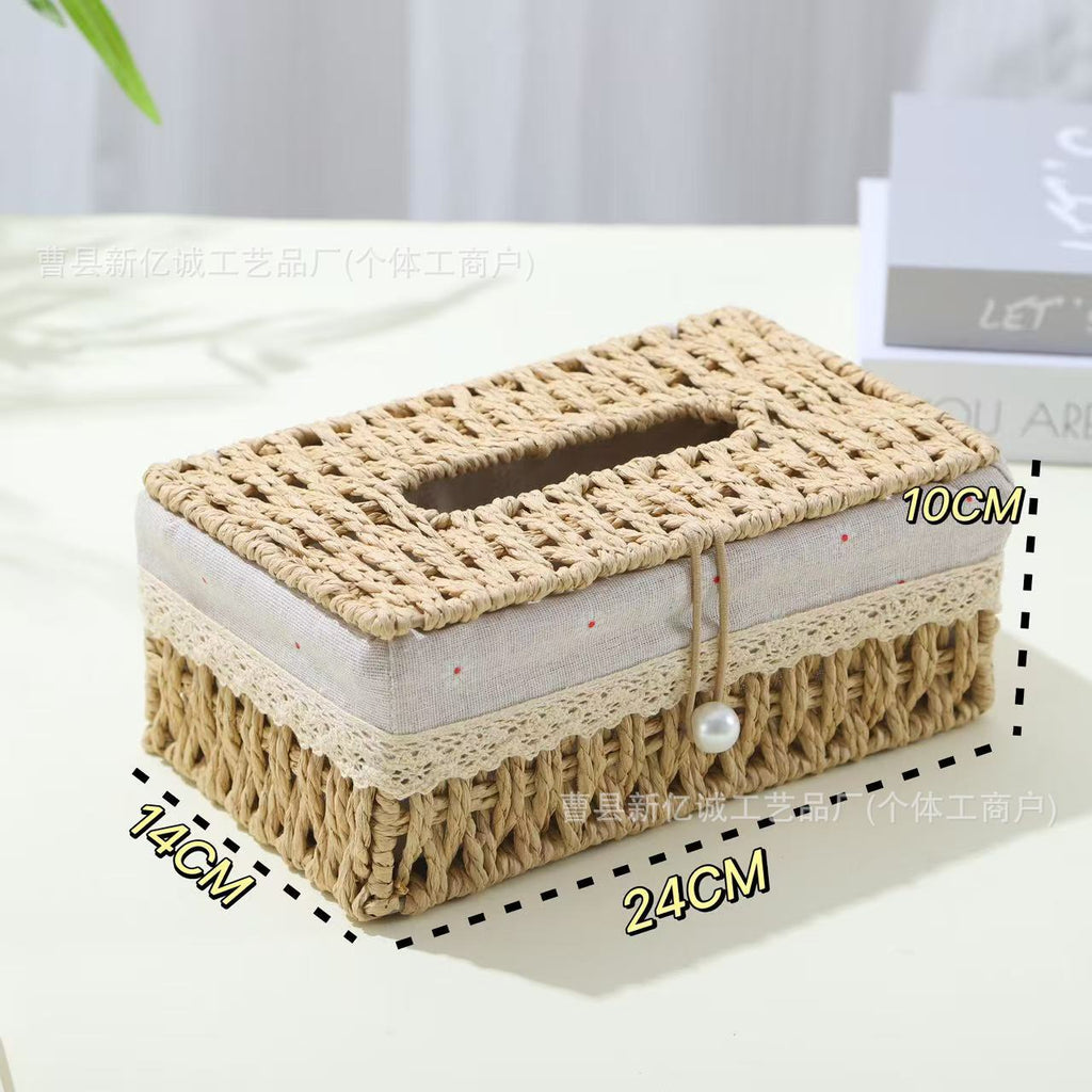 Woven Tissue Box Cover in Natural or Chestnut, Beaded and Button Styles in Medium or Large for Cozy Living Rooms and Desks