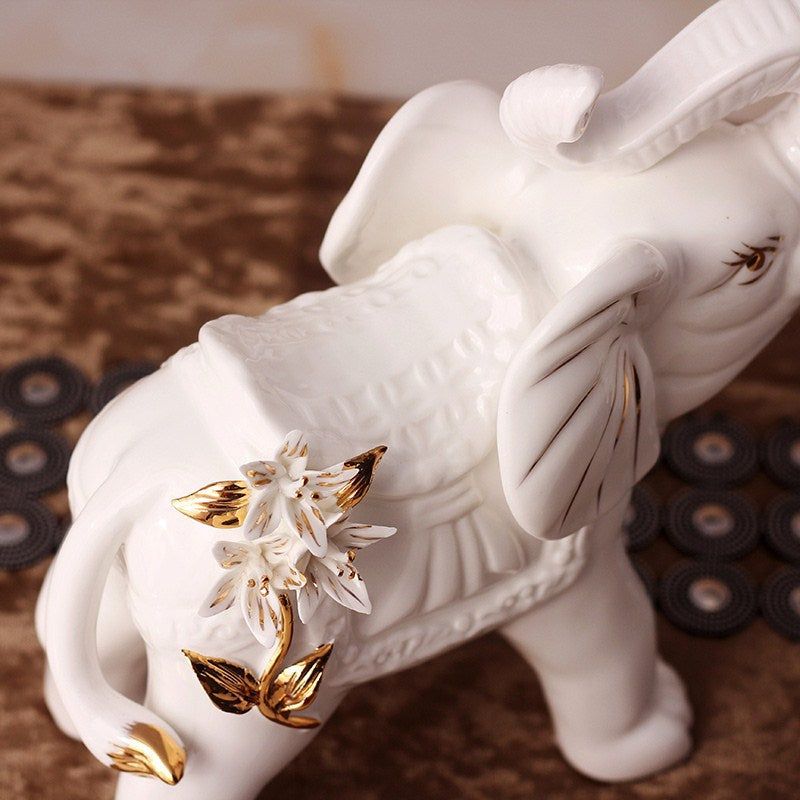 Ceramic Elephant Figurines Pair (2pc) - Good Luck Prosperity Decor | Smooth Stable Home Office Shelf Accents | Green/White Medium Size with Gold Details