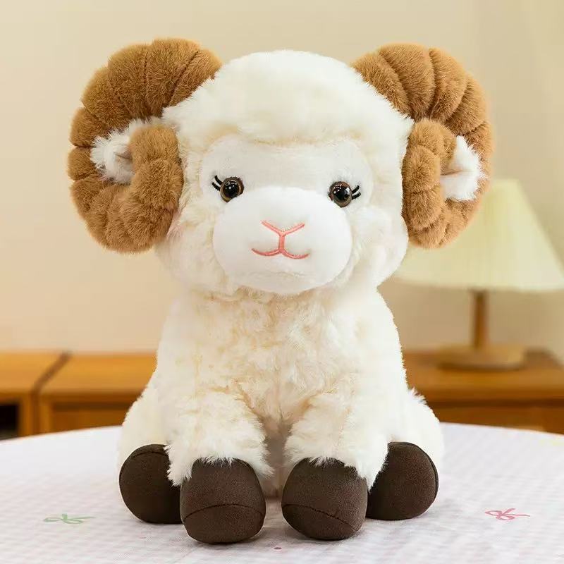 Curly Horn Sheep Plush Toy, 23 cm Cream Ram Stuffed Animal for Nursery Shelves, Cozy Rooms and Animal Gifts