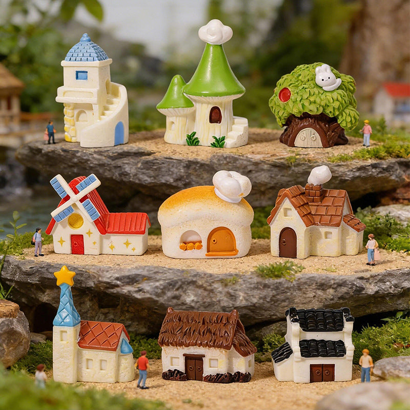 Miniature Village House Set of 9, Tiny Treehouse Windmill Cottage and Mushroom Home Ornaments for Desk Displays