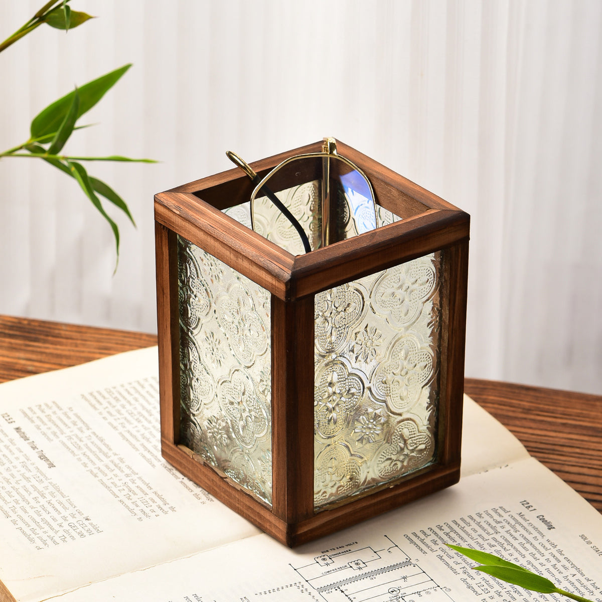 Floral Glass and Wood Desk Organizer, Vintage-Inspired Pen Holder or Lidded Keepsake Box for Home Offices and Creative Spaces