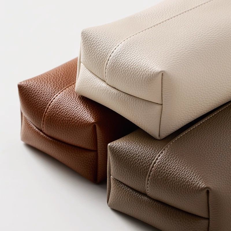 Four Piece Leather Look Tissue Box Cover Set in Cream White Dove Gray Black and Caramel Brown for Living Rooms and Desks