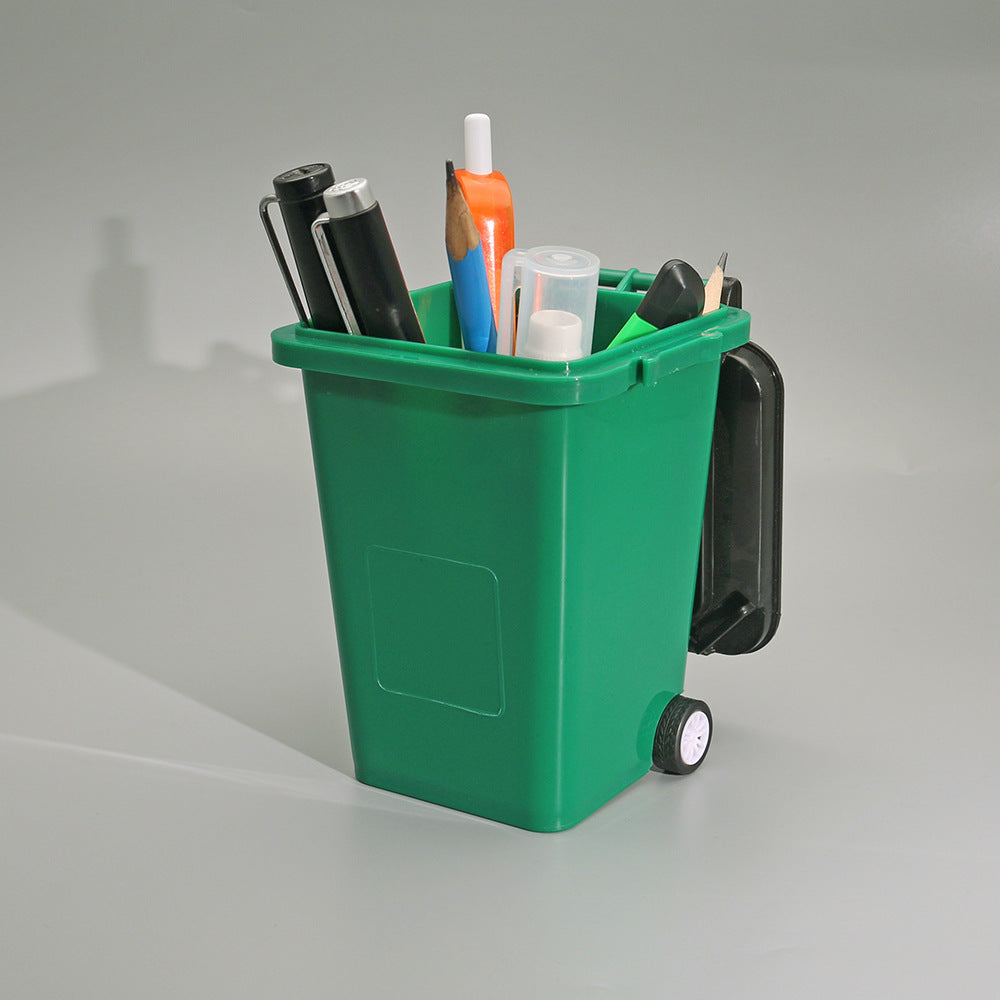 Mini Wheelie Bin Pen Holder with Flip-Top Lid, Playful Desktop Organizer in Blue, Green, Gray or Red for Pens and Small Essentials