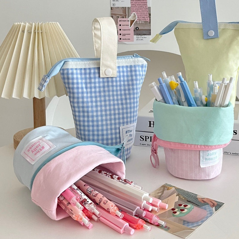 Pastel Stand-Up Canvas Pencil Case and Desk Pen Holder, Zippered Stationery Pouch for Students and Creative Workspaces