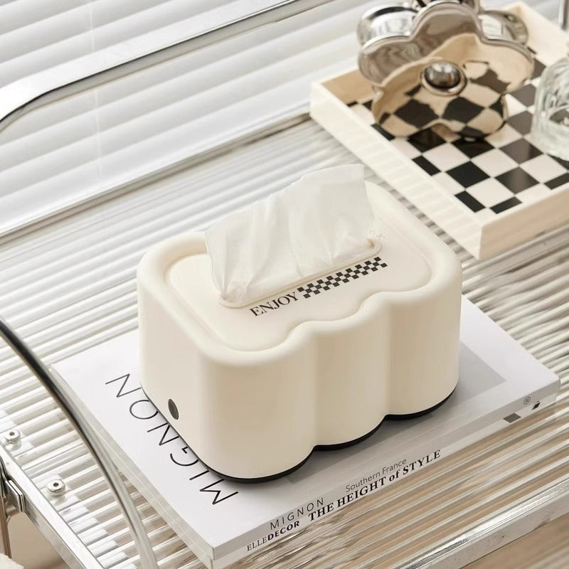 Cream Cloud Tissue Box Cover with Spring-Lift Base, Sculptural Tabletop Tissue Holder in Black or White Base for Living Rooms and Bedrooms