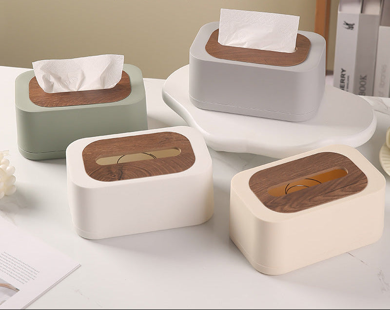 Decorative Tissue Box Cover with Wood-Look Lid, Quilted, Wave, Floral or Rounded Styles in Beige, White, Olive Green and Gray