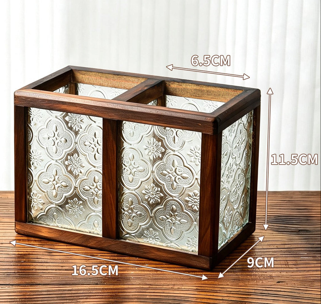Floral Glass and Wood Desk Organizer, Vintage-Inspired Pen Holder or Lidded Keepsake Box for Home Offices and Creative Spaces