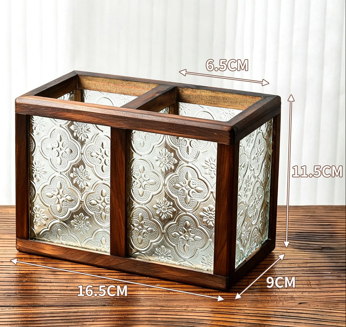 Floral Glass and Wood Desk Organizer, Vintage-Inspired Pen Holder or Lidded Keepsake Box for Home Offices and Creative Spaces