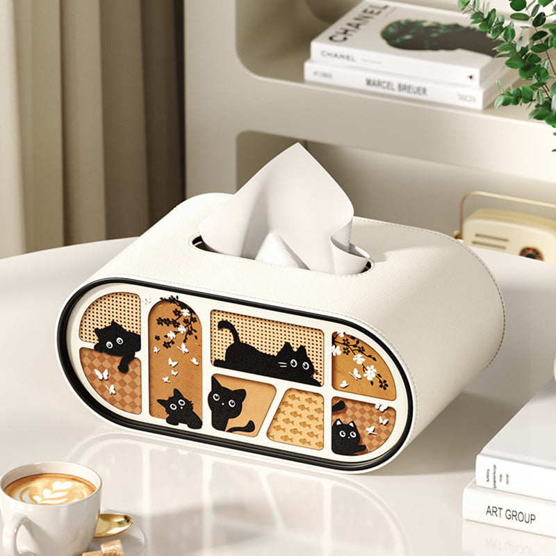 Cat Pattern Tissue Box Cover in Black, White or Cream, Decorative Rectangular Tissue Holder for Cozy Living Rooms, Bedrooms and Desks