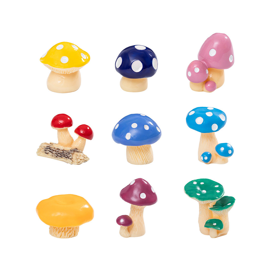 Colorful Mini Mushroom Figurine Set of 16, Whimsical Tiny Fungi for Desk Displays, Fairy Gardens and Miniature Scenes