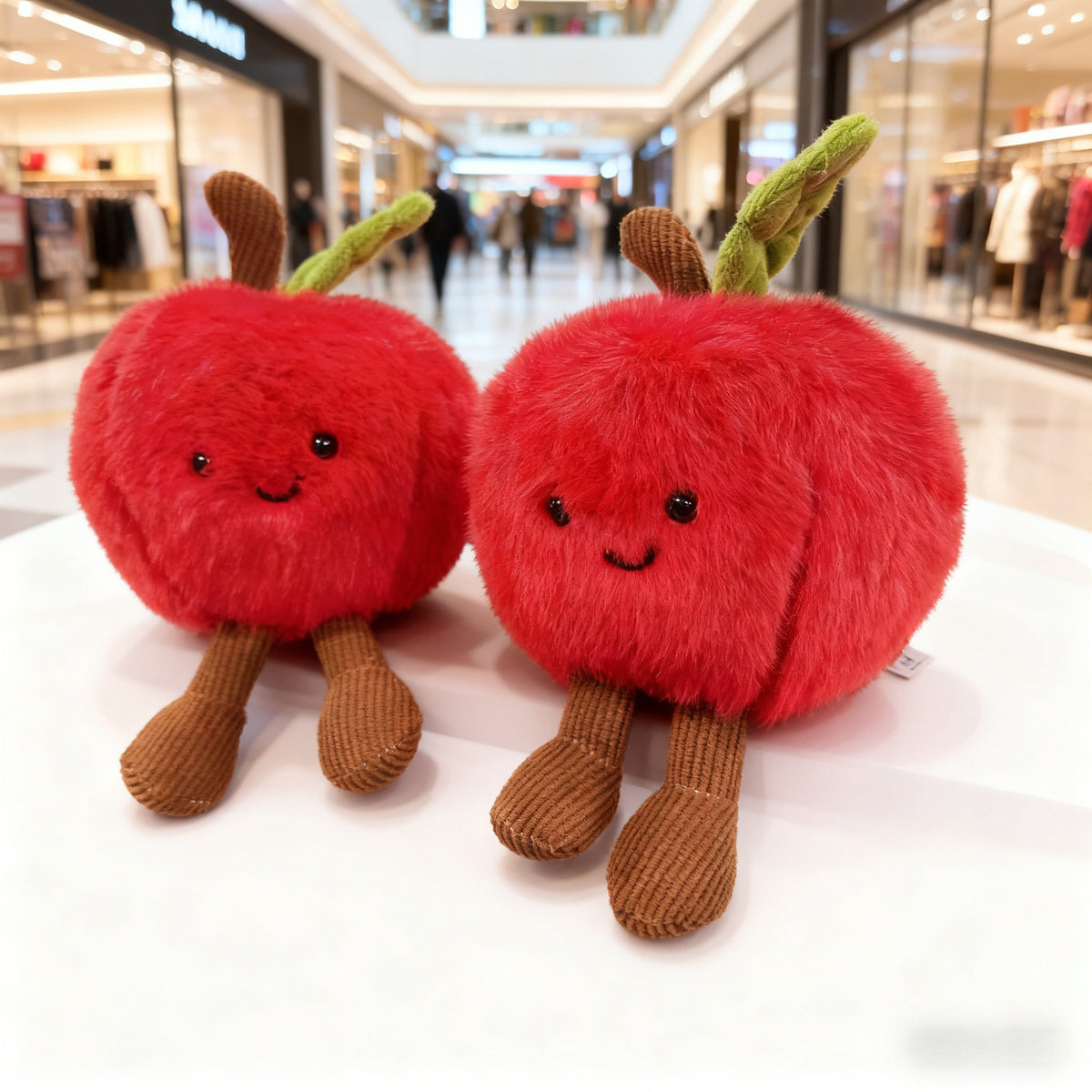 Smiling Red Apple Plush Bag Charm, Fluffy Fruit Keychain with Bead Chain, Gold Clip or Cord for Bags and Cheerful Gifts