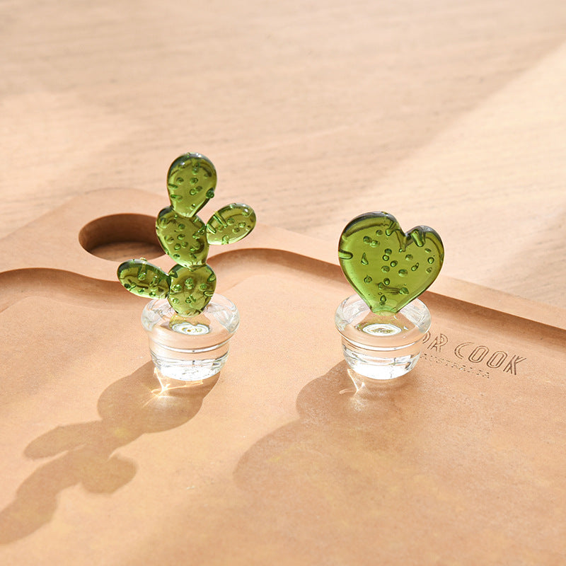 Mini Glass Cactus Figurine, Colorful Botanical Tabletop Accent for Desks, Shelves and Sunny Little Corners
