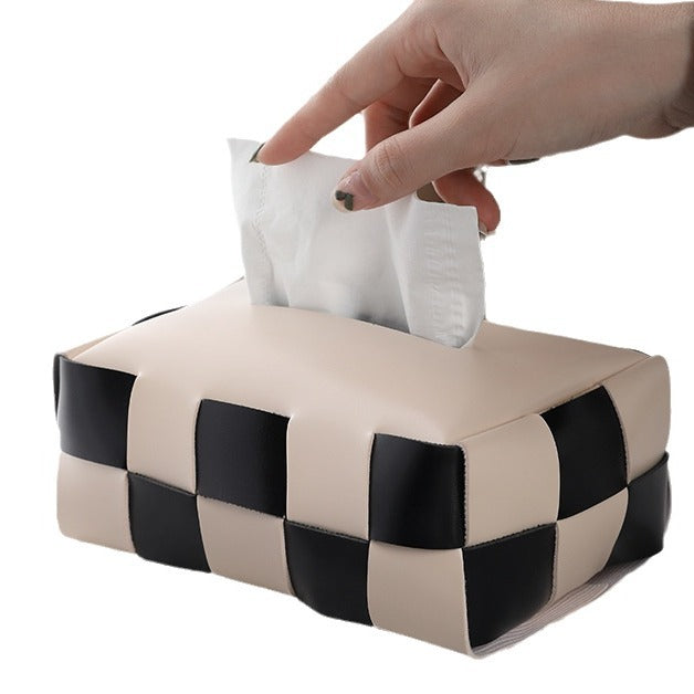 Woven-Look Tissue Box Cover, Soft Sculptural Tabletop Tissue Holder in Black Check, Beige Check, Milk Tea or Gray for Modern Living Rooms