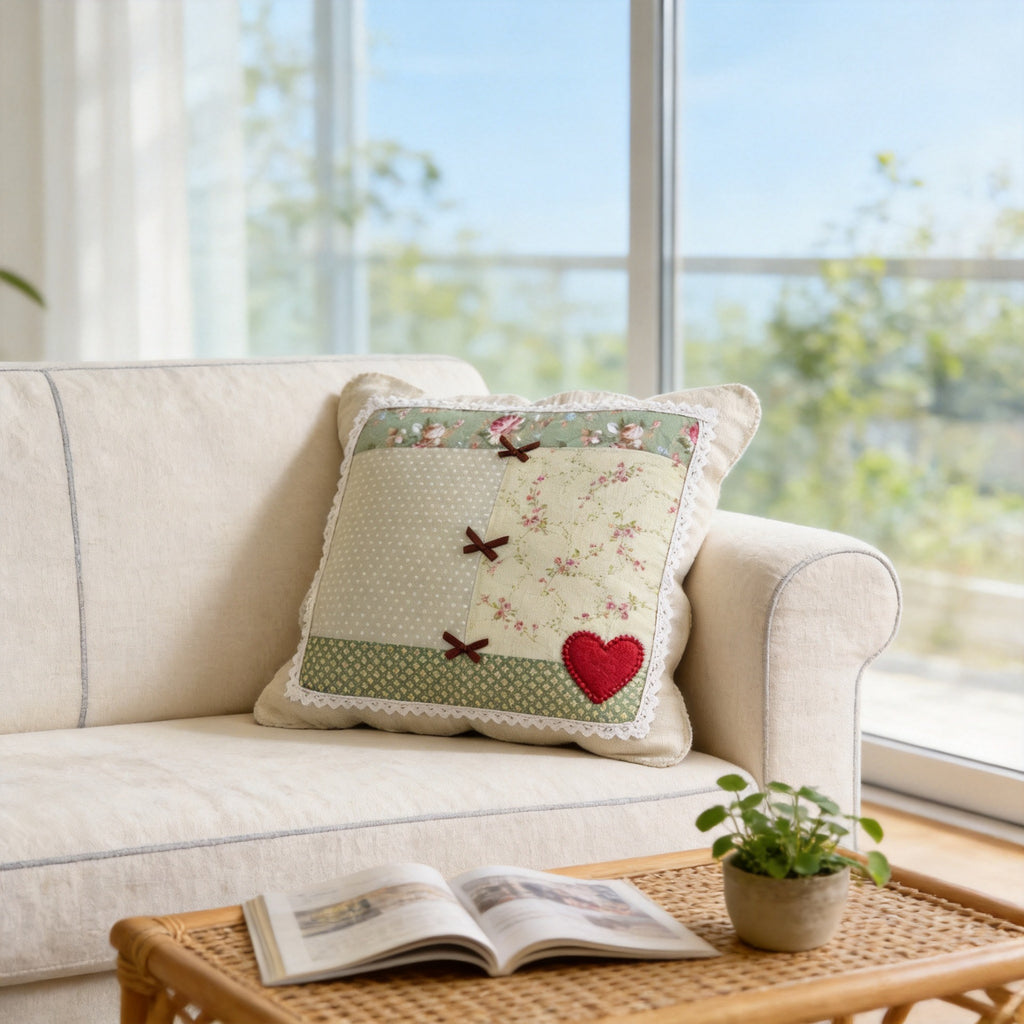 Pastel Patchwork and Heart Pillow Cover, 45 x 45 cm Decorative Cushion Case for Sofas and Bedrooms