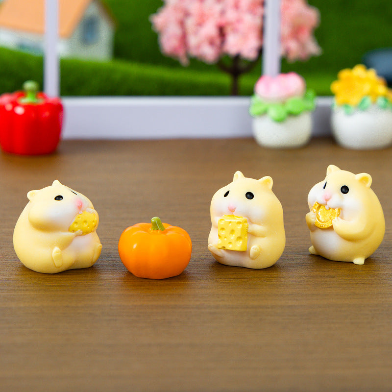 Mini Hamster Figurine Set of 4, Whimsical Animal Micro Ornaments for Desk Decor, Miniature Scenes and Small Gifts