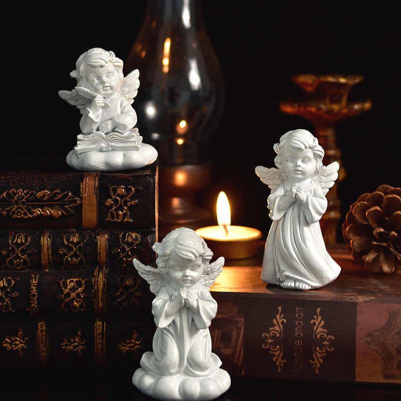Praying Cherub Angel Figurine, White Vintage-Inspired Desk Sculpture in 16 Poses for Shelves and Thoughtful Gifts