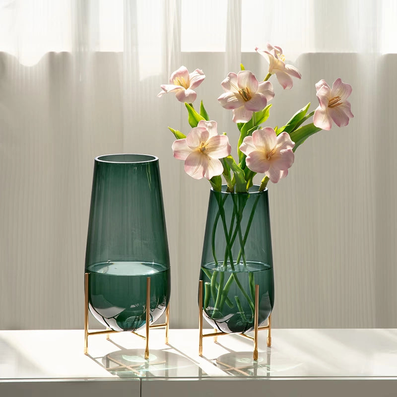 Artisan Blown Glass Vase & Fruit Bowl Set with Gold - Plated Metal Stand, Water - Friendly, Odorless, Stain & Fade Resistant, Decor for Living Room & Dining Table,