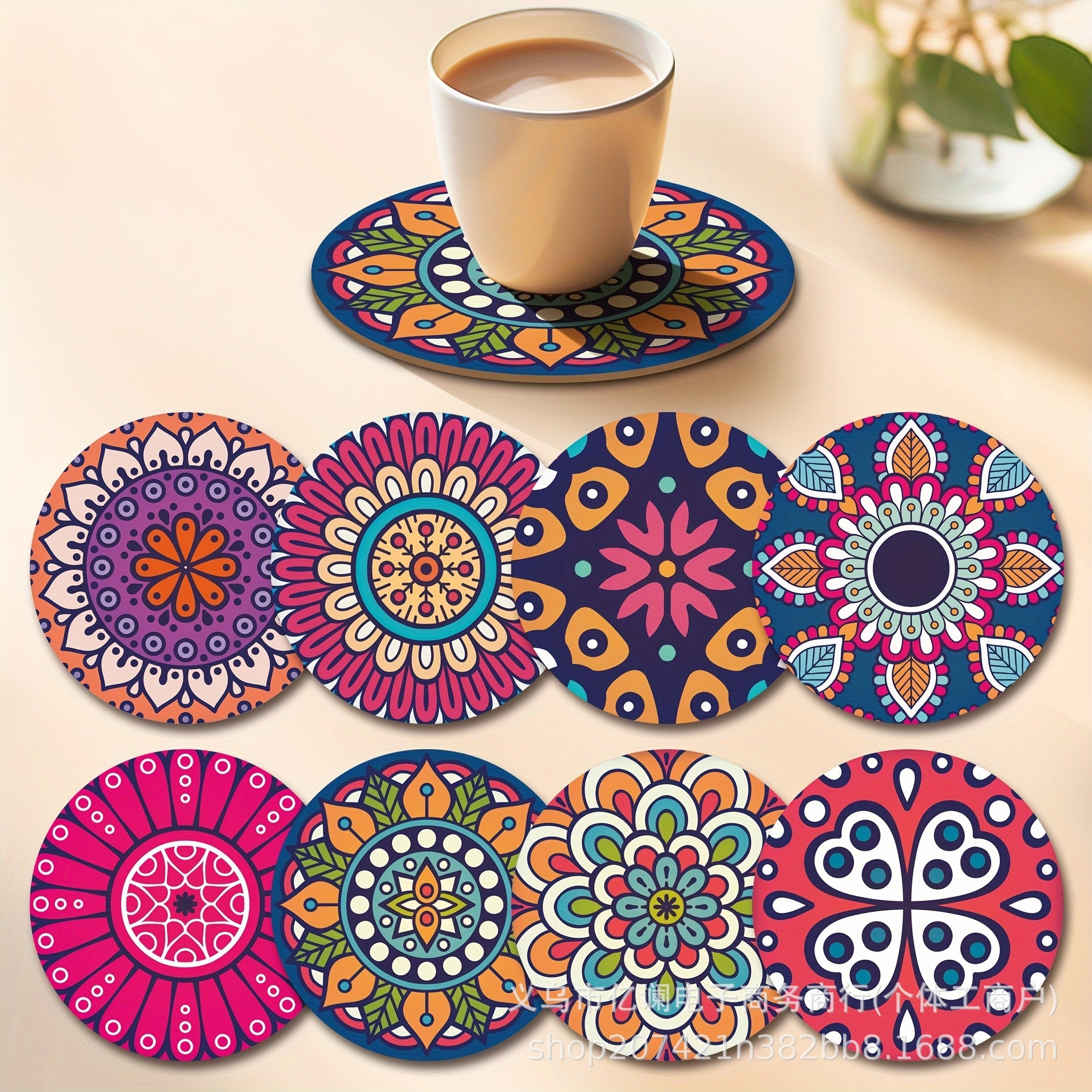 跨境木质餐垫图案圆形木质杯垫家庭派对餐桌餐垫用品装扮木质杯垫