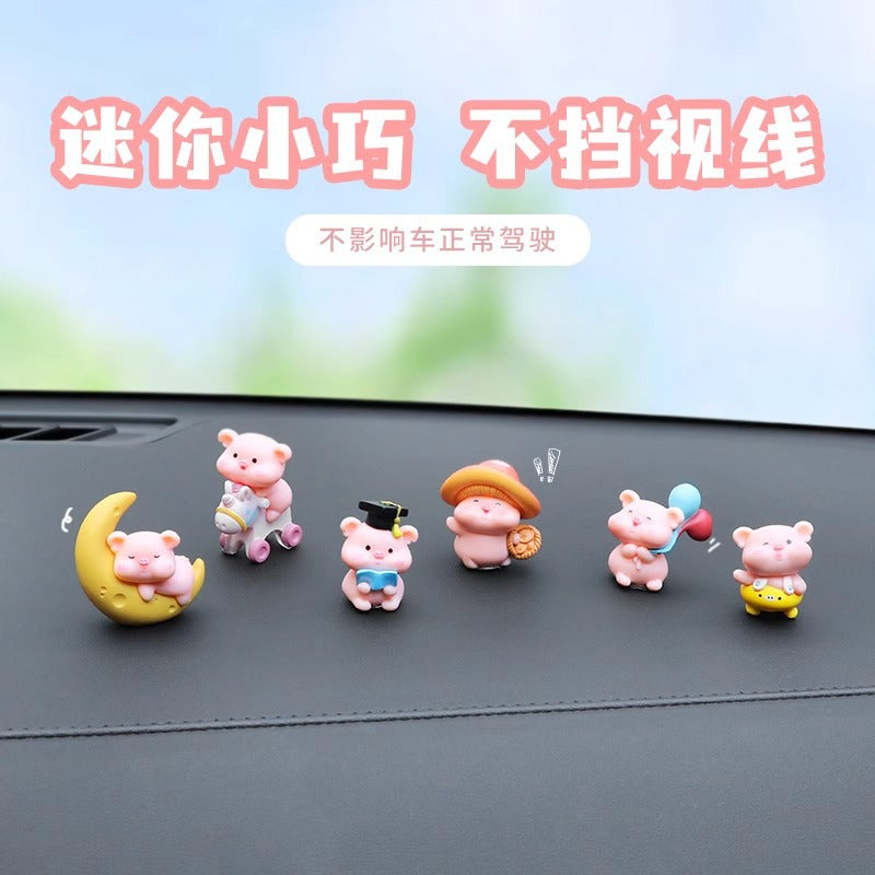 Playful Mini Pig Dashboard Figurines, 8-Piece Good Luck Car Accent Set in Determined or Happy Style for Desks and Gifts