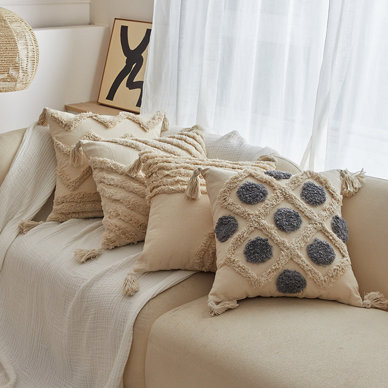 Textured Tufted Pillow Cover with Tassels | Four Boho Geometric Patterns for Sofas, Reading Nooks and Cozy Bedrooms
