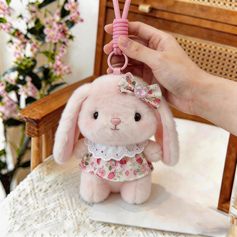 Strawberry Dress Bunny Plush Bag Charm, 12 or 16 cm Long-Eared Rabbit in Pink or Brown for Backpacks, Desks and Sweet Little Gifts