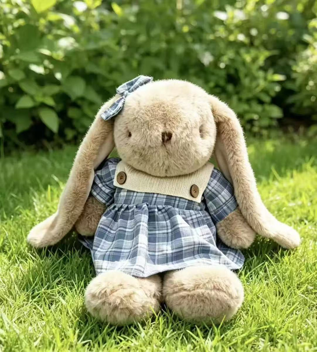 Dress-Up Bunny Plush Toy, 25 or 30 cm Soft Rabbit in Pink Dress, Blue Checks or Playful Overalls for Cozy Gifts