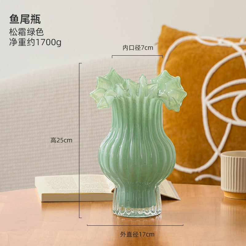 Shiyuan Amber Fish Tail Vase French Light Luxury Niche Living Room Luxury Simple Cream Art Glass Ornament