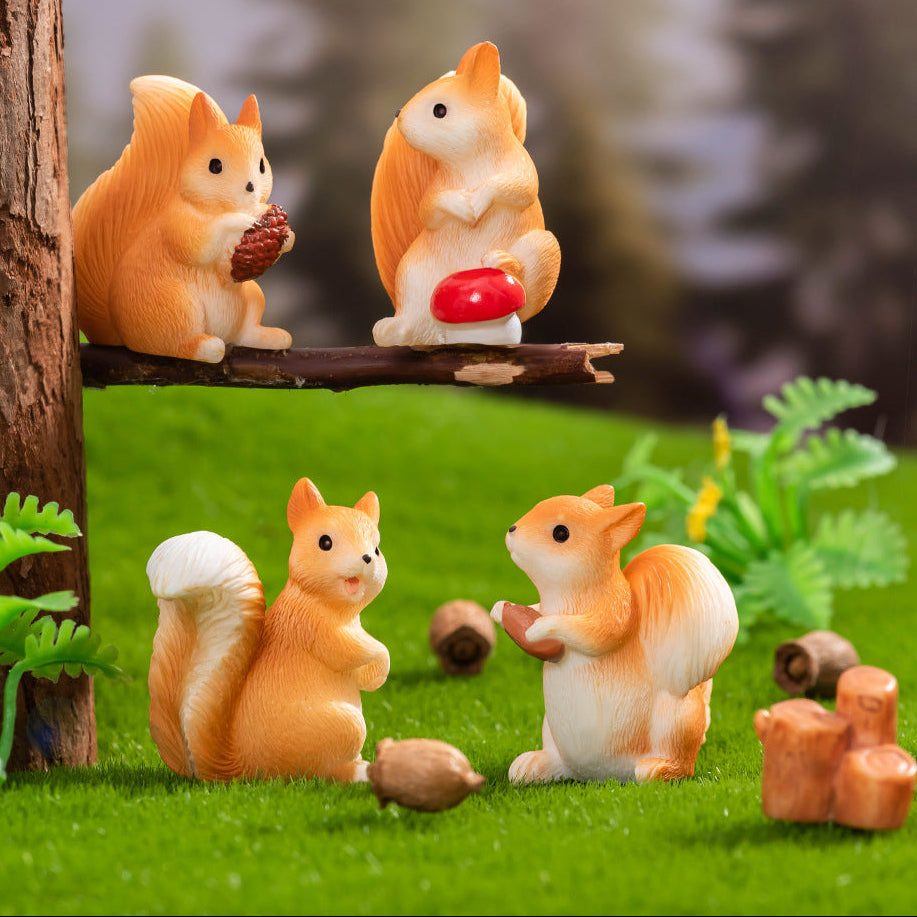 Mini Squirrel Figurine Set of 7, Woodland Animal Micro Ornaments for Desk Displays, Tiny Garden Scenes and Gift Giving