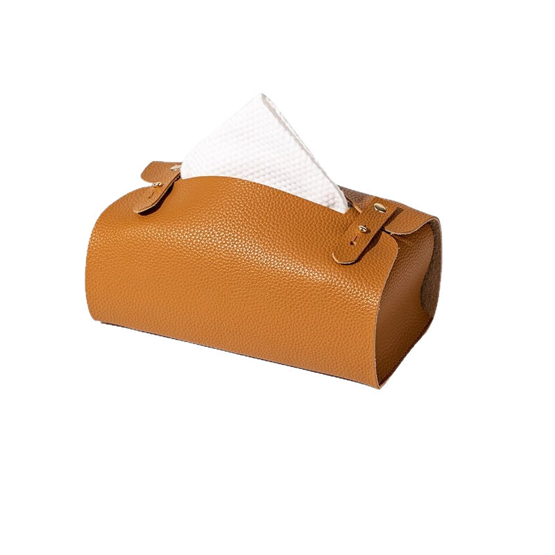 Modern Leather-Look Tissue Box Cover with Handle, Minimalist Tabletop Tissue Holder in Honey Brown, Coffee Gray or Mousse Gray for Living Rooms and Desks