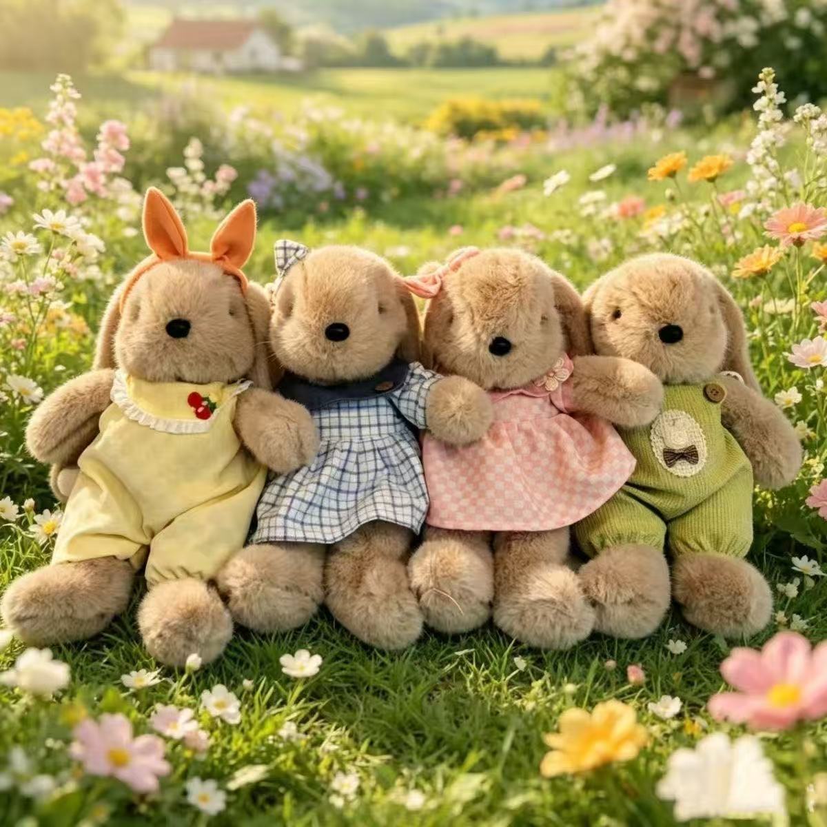 Dress-Up Bunny Plush Toy, 25 or 30 cm Soft Rabbit in Pink Dress, Blue Checks or Playful Overalls for Cozy Gifts
