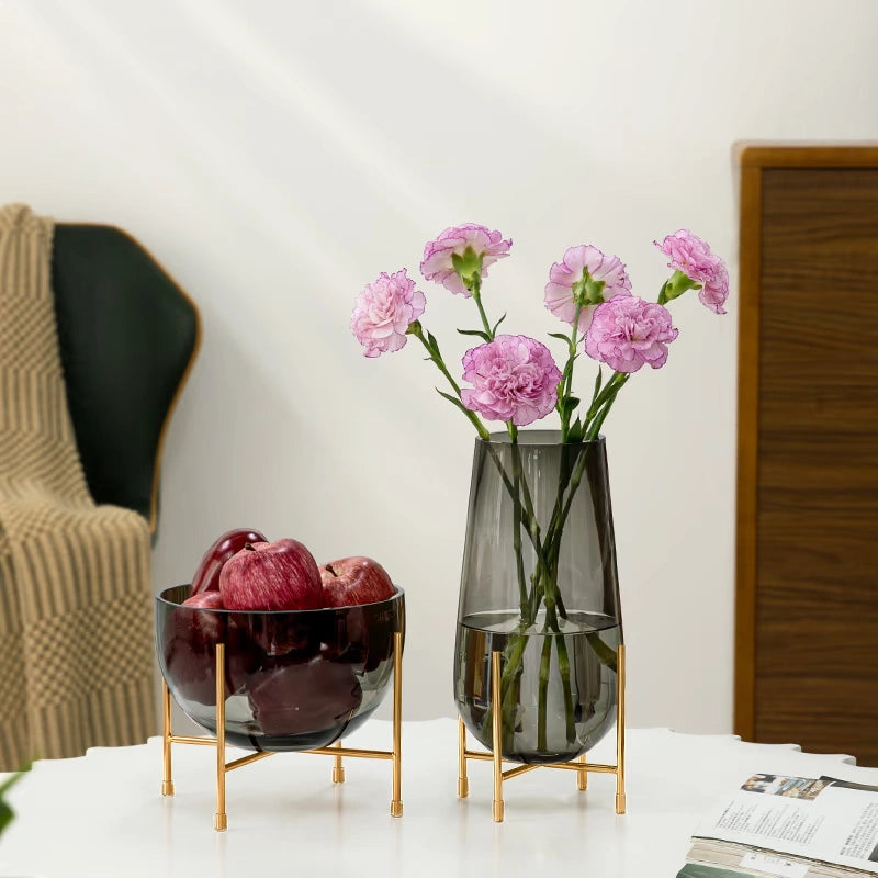 Artisan Blown Glass Vase & Fruit Bowl Set with Gold - Plated Metal Stand, Water - Friendly, Odorless, Stain & Fade Resistant, Decor for Living Room & Dining Table,