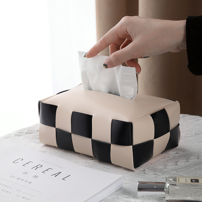 Woven-Look Tissue Box Cover, Soft Sculptural Tabletop Tissue Holder in Black Check, Beige Check, Milk Tea or Gray for Modern Living Rooms