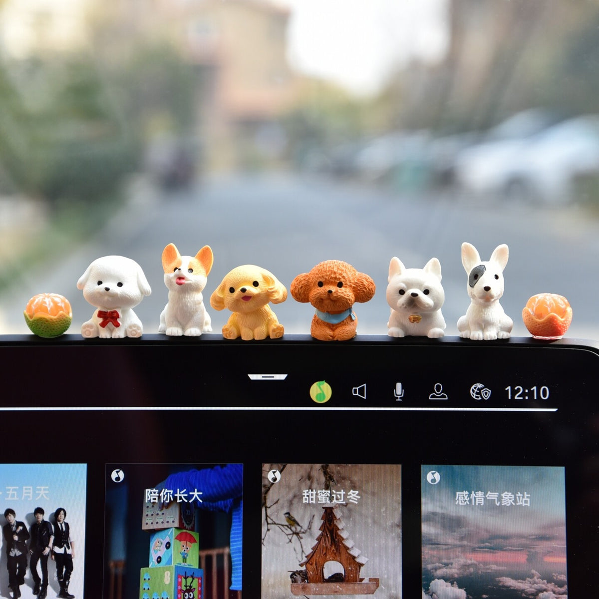 Six Tiny Dog Dashboard Figurines Set with Heart Planter, NICE Sign and Orange Accent | Cute Car Interior Decor