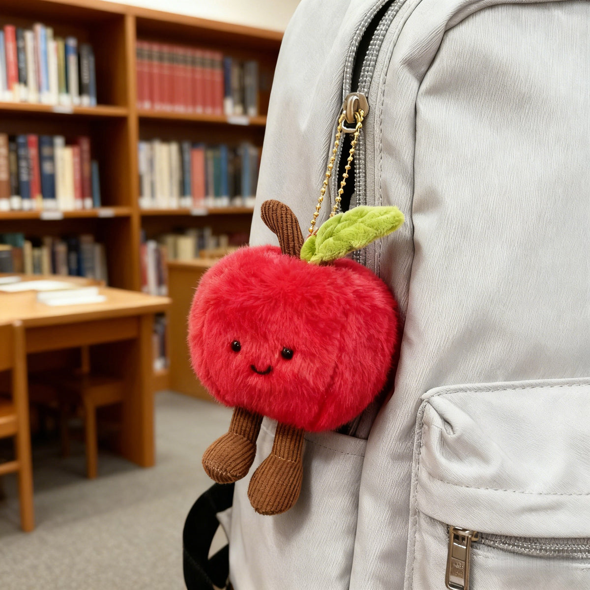 Smiling Red Apple Plush Bag Charm, Fluffy Fruit Keychain with Bead Chain, Gold Clip or Cord for Bags and Cheerful Gifts