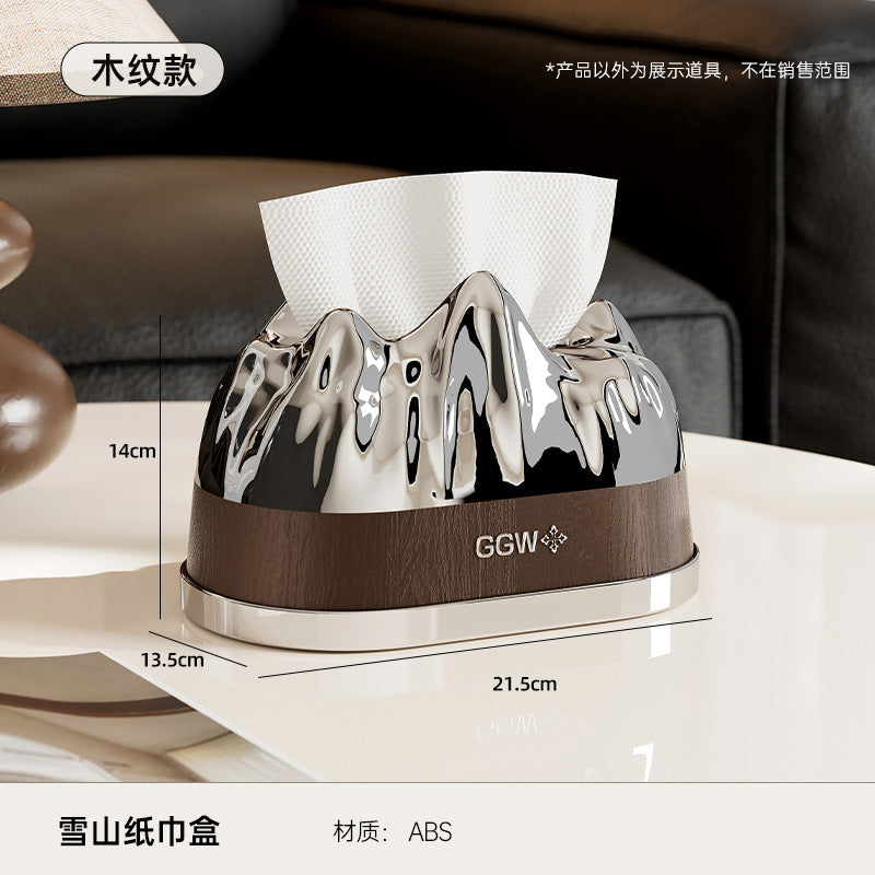 Decorative Tissue Box Holder in Snow Mountain or Wood Look Spring Lift Style for Cozy Desks, Bedrooms and Living Rooms