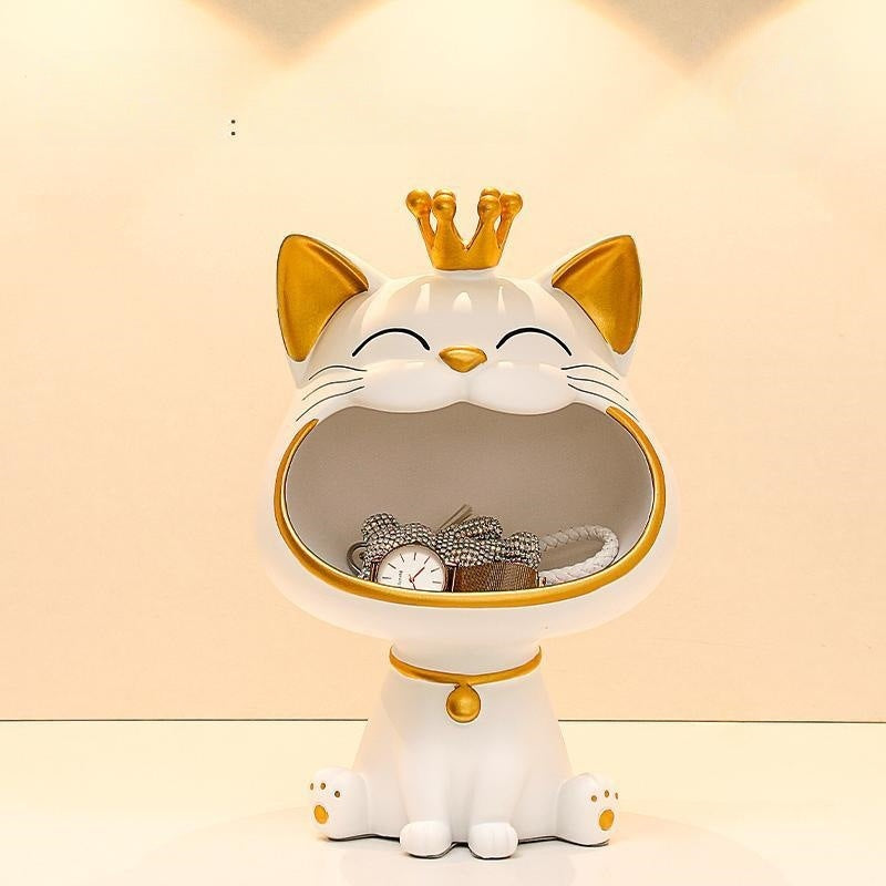 Crowned Cat Catchall Figurine, Playful Open Mouth Jewelry and Key Holder in Four Colors for Desks, Entryways and Gifts