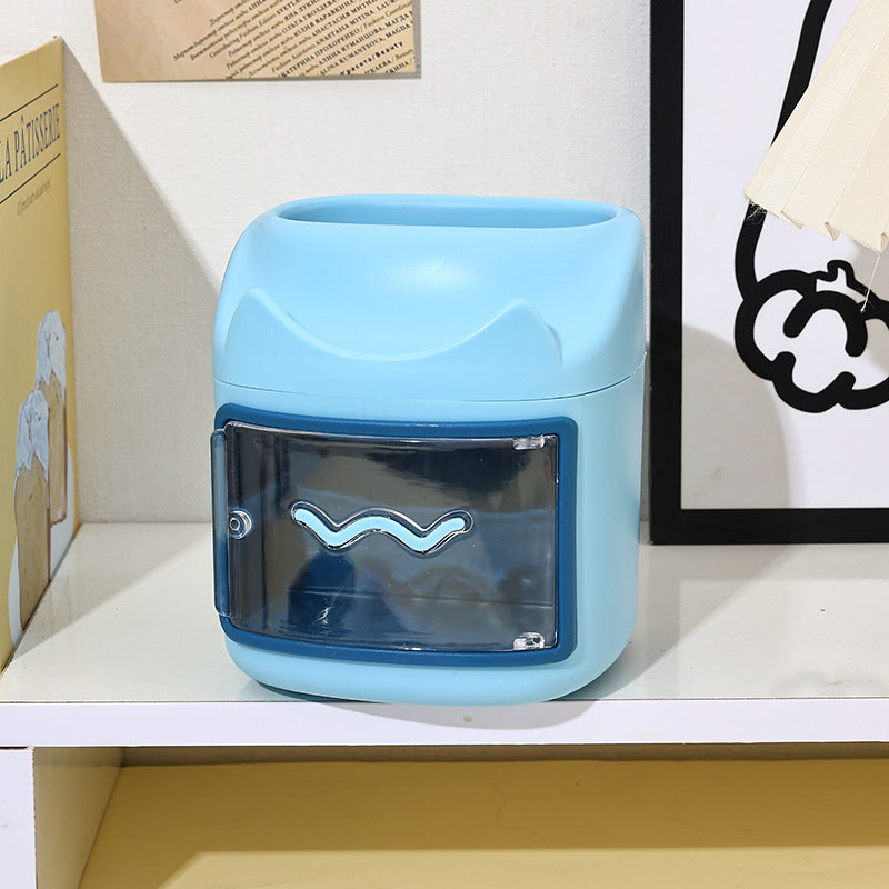 Color Block Mini Drawer Pen Holder, Compact Desk Organizer with Pull-Out Drawer in Light Blue, White or Navy